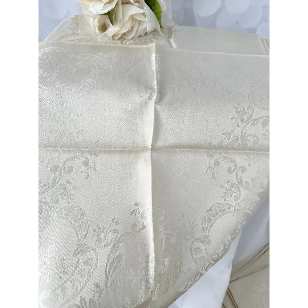 Vtg Beige Linen Double Damask Tablecloth 8 Napkins Floral Garlands Acanthus
